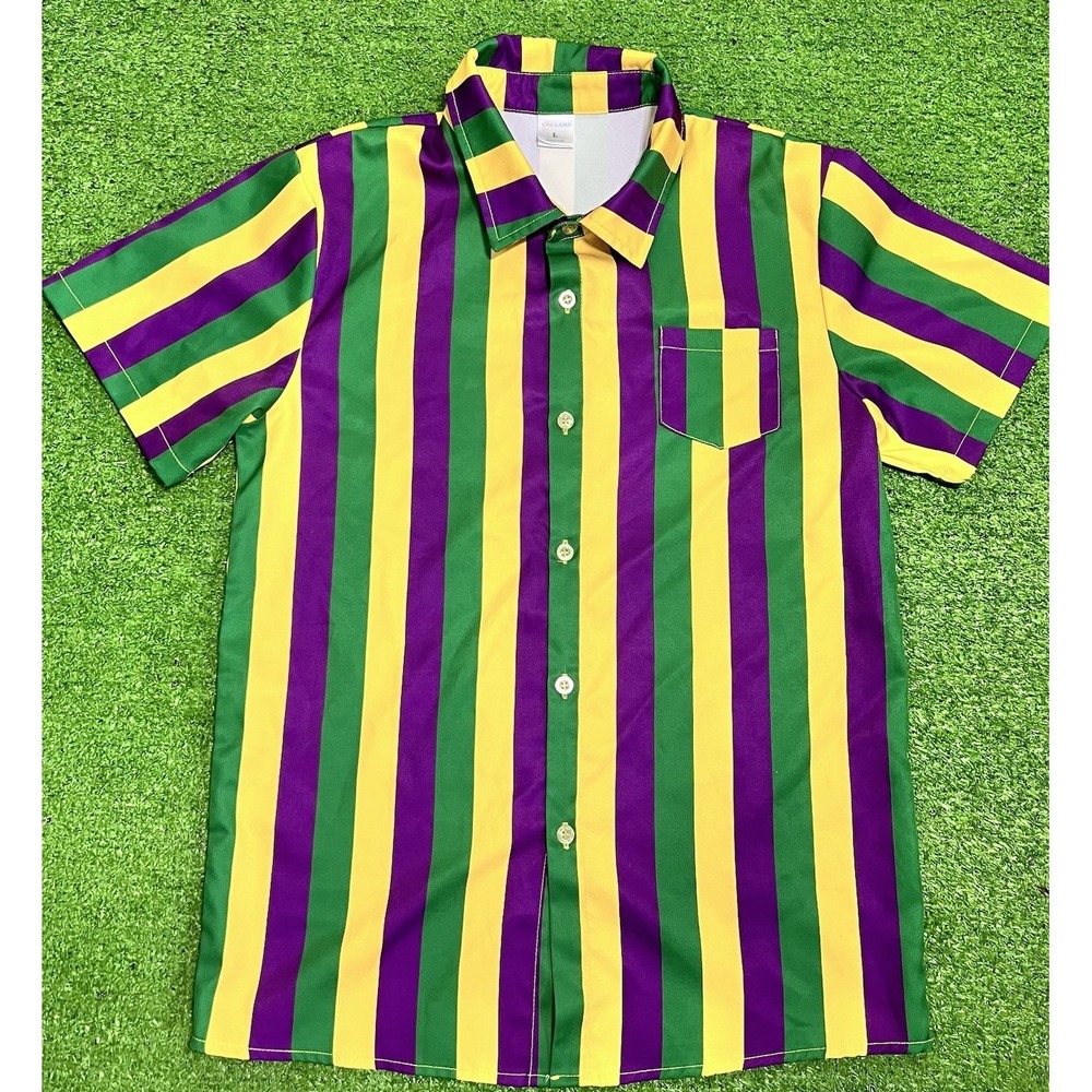 Y2K Kids Mardi Gras Shirt Youth LG Button Up New Orleans Party Shirt Lightweight